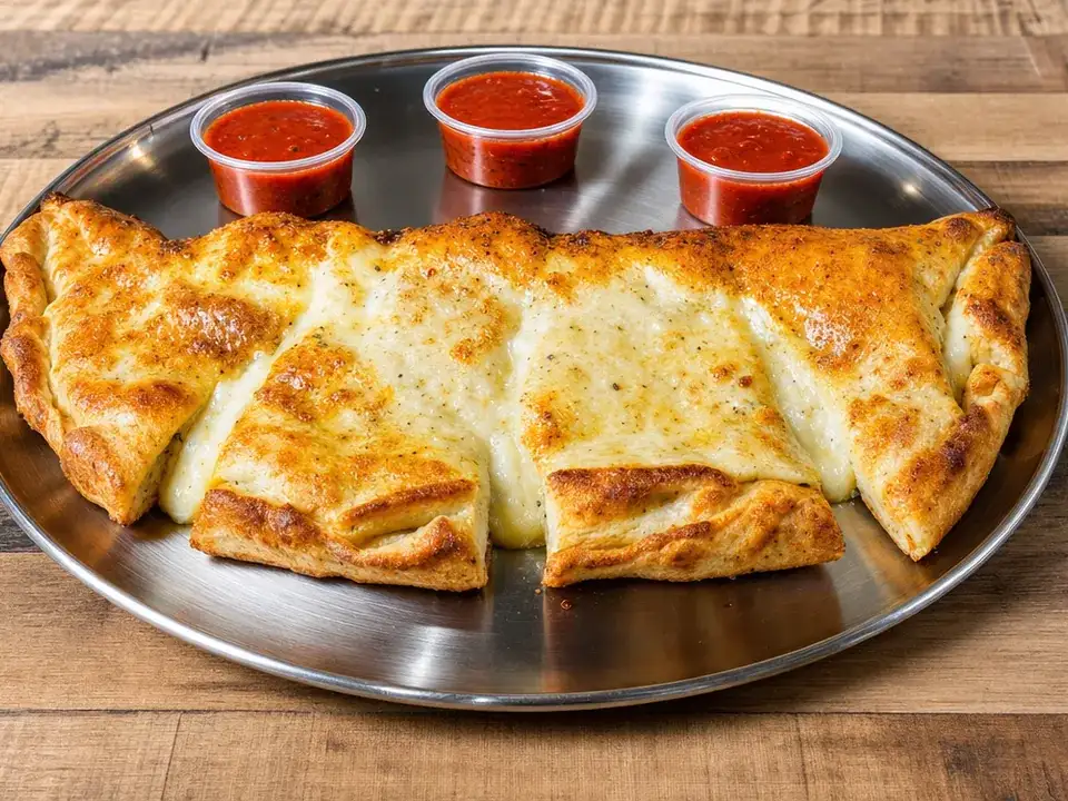 Baked calzone served with marinara sauce