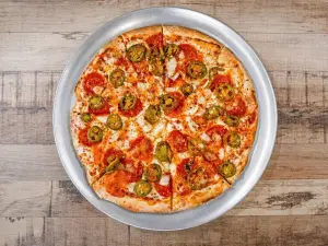 El Fuego pizza with jalapenos, pepperoni, onions, and banana peppers