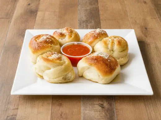 Fresh garlic knots served with marinara sauce