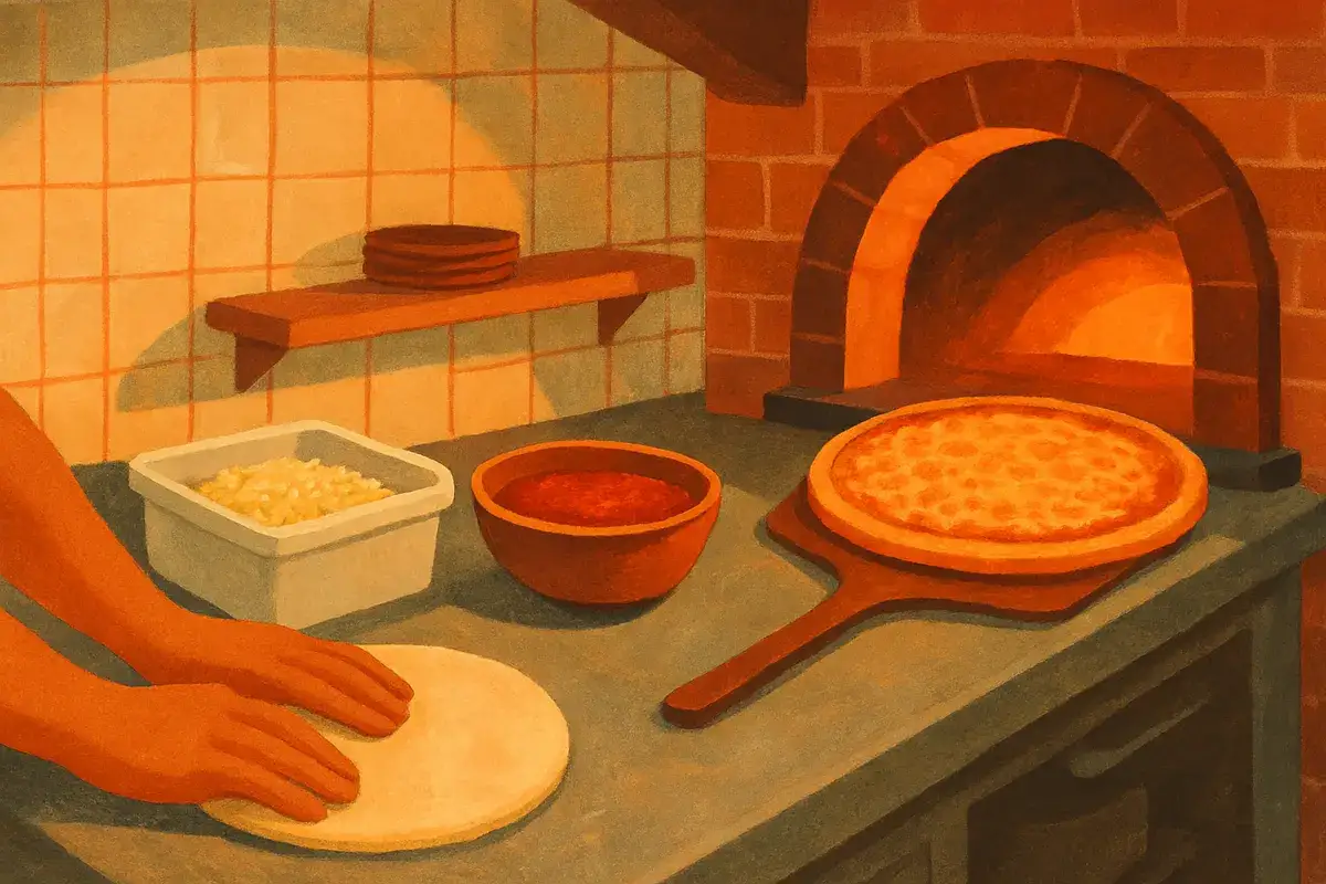 Illustration of a pizzeria kitchen: dough being stretched by hand, sauce, mozzarella and a cheese pizza by the oven