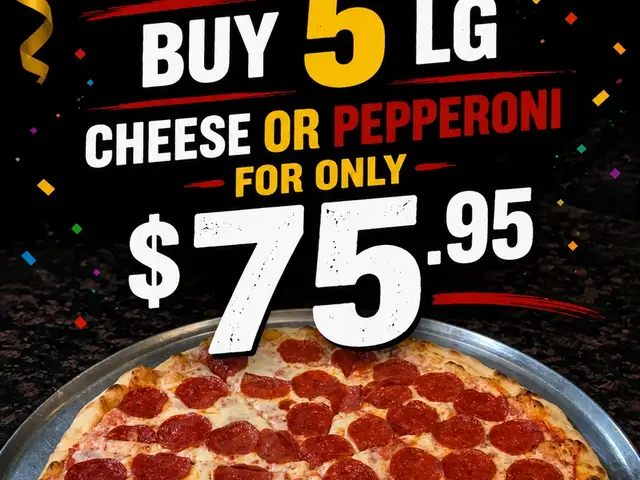 Pizza Party offer artwork with five large cheese or pepperoni pizzas