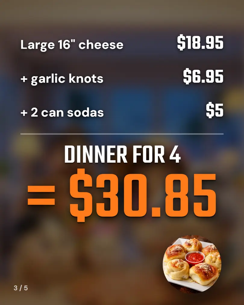 Large 16-inch cheese $18.95 + garlic knots $6.95 + 2 can sodas $5 = dinner for 4, $30.85