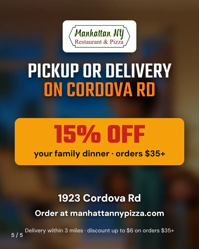 Pickup or delivery on Cordova Rd: 15% off your family dinner on orders $35+, discount up to $6, 1 per customer, delivery within 3 miles