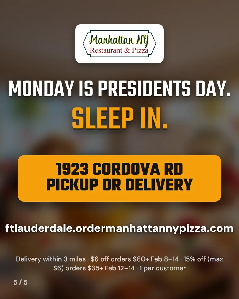 Monday is Presidents Day, sleep in. 1923 Cordova Rd, pickup or delivery within 3 miles; $6 off orders $60+ Feb 8 to 14; 15% off (max $6) orders $35+ Feb 12 to 14; 1 per customer