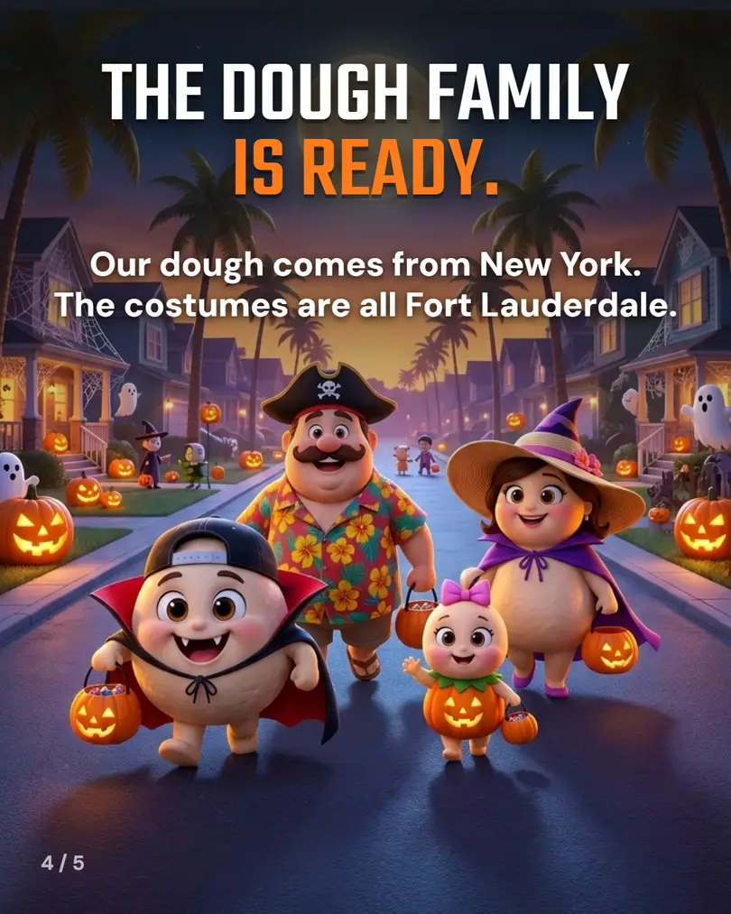 The Dough family is ready: the cartoon dough family in Halloween costumes on a palm-lined street. Our dough comes from New York. The costumes are all Fort Lauderdale.