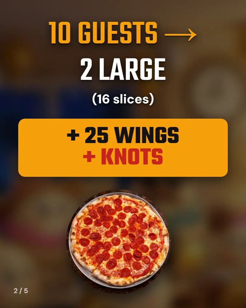 10 guests: 2 large pizzas (16 slices) + 25 wings + knots