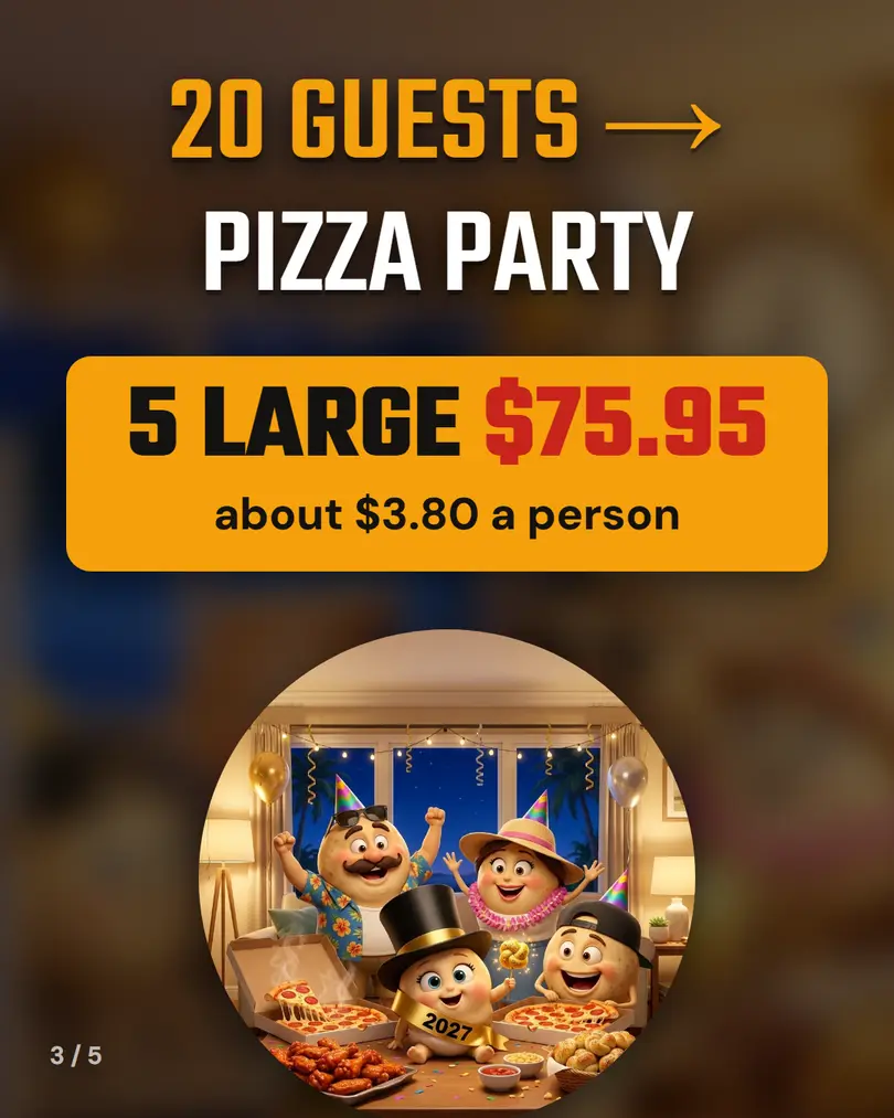 20 guests: Pizza Party, 5 Large $75.95, about $3.80 a person