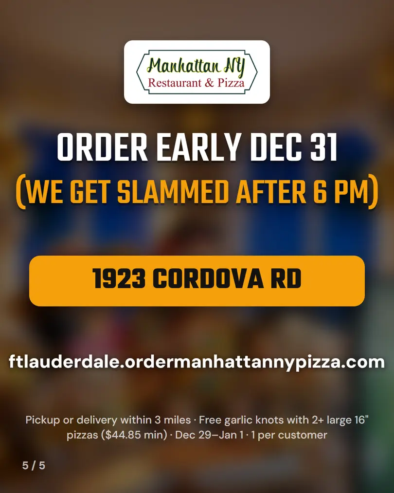 Order early Dec 31 (we get slammed after 6 pm). 1923 Cordova Rd, pickup or delivery within 3 miles; free garlic knots with 2+ large 16-inch pizzas ($44.85 min), Dec 29 to Jan 1, 1 per customer