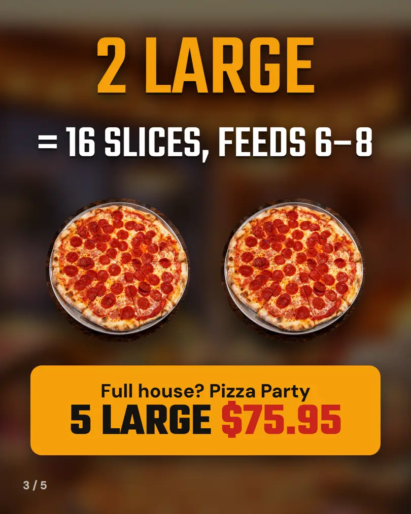 2 large pizzas = 16 slices, feeds 6 to 8. Full house? Pizza Party, 5 Large $75.95
